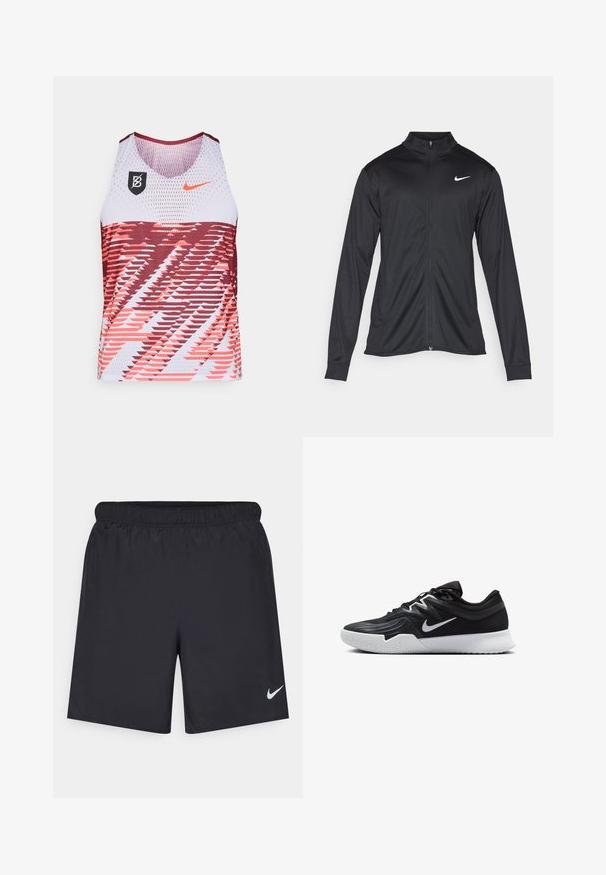Jachetă sportivă neagră cu mâneci lungi, guler și fermoar complet. Prezintă un logo Nike subtil, alb, pe pieptul din stânga sus. Textură netedă.; Tricou sportiv fără mâneci, realizat dintr-un material din plasă, cu o schemă de culori roșie și albă, modele geometrice dinamice și logo-ul Nike la piept.; Pantaloni scurți atletici negri, fabricați dintr-un material ușor, cu un talie elastică. Au un mic logo alb Nike în partea stângă jos.; Pantof sport negru cu un superior texturat, swoosh alb Nike și o tălpică din cauciuc alb. Dispune de un design cu șireturi și o formă dinamică.