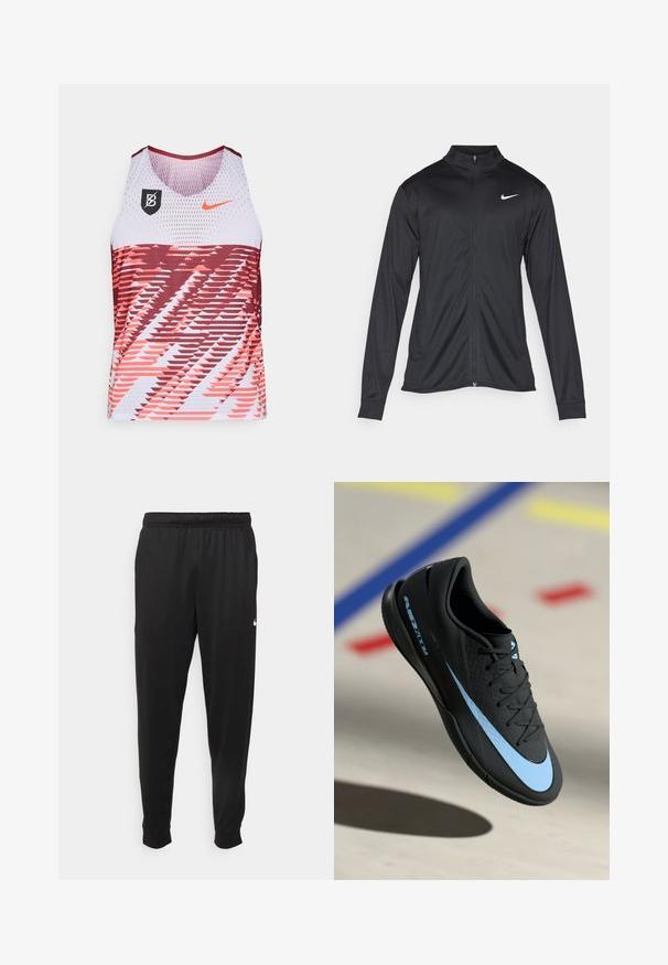 Giacca sportiva nera con maniche lunghe, colletto e zip completa. Presenta un logo Nike in bianco sulla parte superiore del lato sinistro del petto. Tessuto morbido.; Canotta atletica senza maniche con tessuto in rete, schema di colori rosso e bianco, motivi geometrici dinamici e logo Nike sul petto.; Pantaloni sportivi neri realizzati in tessuto liscio, con una vita elastica, gambe affusolate e un piccolo logo bianco sul lato sinistro.; Scarpa sportiva nera con dettagli blu, superficie testurizzata, design a lacci e logo Nike distintivo. Suola in gomma con pattern antiscivolo.