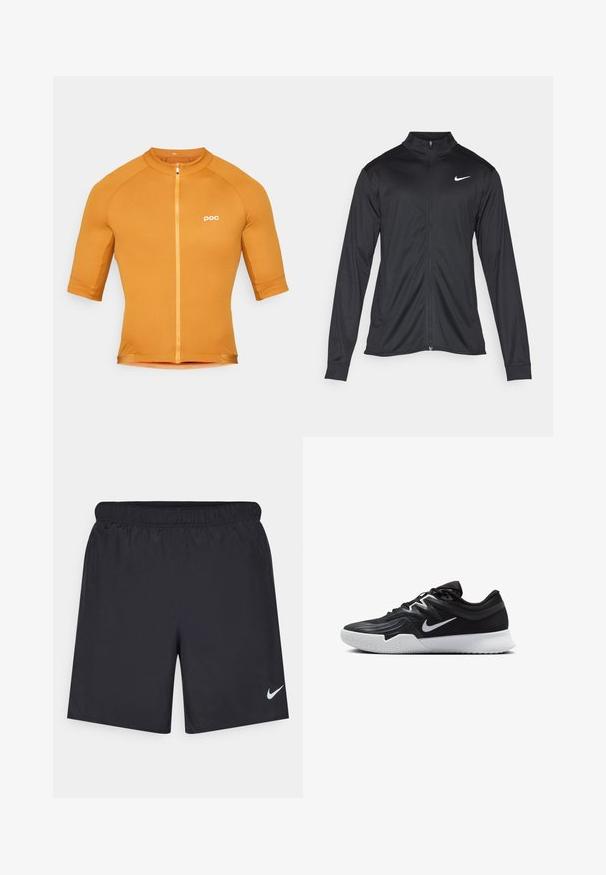 Veste de sport noire à manches longues, avec col et fermeture éclair intégrale. Présente un logo Nike subtil en blanc sur le côté supérieur gauche de la poitrine. Texture lisse.; POC THERMAL LITE - Maillot de cycliste - bauxite brown; Shorts de sport noirs en matériau léger avec une taille élastique. Présente un petit logo Nike blanc sur le bas du côté gauche.; Chaussure de sport noire avec une tige texturée, un swoosh blanc de Nike et une semelle extérieure en caoutchouc blanc. Elle présente un design à lacets et une forme dynamique.