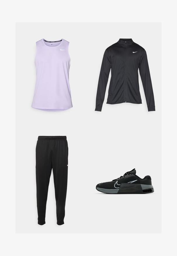 Black athletic jacket with long sleeves, collar, and full zipper. Features a subtle Nike logo in white on the upper left chest. Smooth texture.; Purple sleeveless athletic tank top made from lightweight material with a rounded hem and a small white Nike logo on the chest.; Black athletic pants made of smooth fabric, featuring an elastic waistband, tapered legs, and a small white logo on the left side.; Black athletic shoe with mesh upper, grey accents, and textured midsole. Features a prominent logo and lace-up design. Rubber outsole for traction.