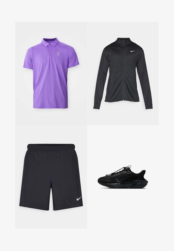 Veste de sport noire à manches longues, avec col et fermeture éclair intégrale. Présente un logo Nike subtil en blanc sur le côté supérieur gauche de la poitrine. Texture lisse.; Polo shirt violet à manches courtes avec col et patte de boutonnage à deux boutons, arborant un logo de tennis Nike blanc sur la poitrine gauche.; Shorts de sport noirs en matériau léger avec une taille élastique. Présente un petit logo Nike blanc sur le bas du côté gauche.; Chaussures de sport noires avec une tige en mesh texturé, des accents lisses et un logo Nike distinctif. Elles disposent d'une semelle rembourrée et de lacets élastiques.