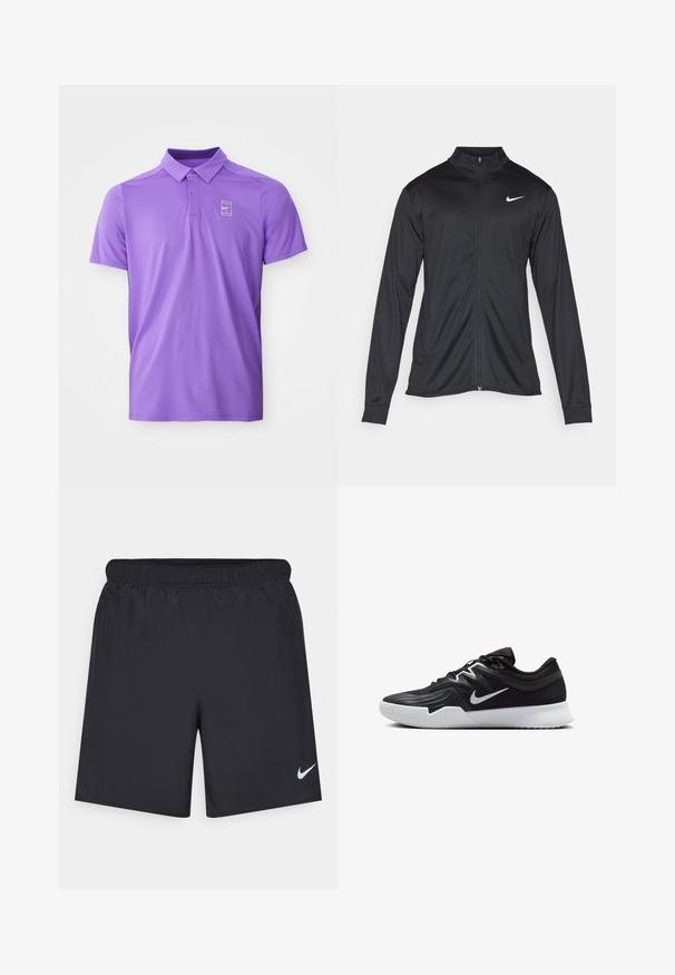 Giacca sportiva nera con maniche lunghe, colletto e zip completa. Presenta un logo Nike in bianco sulla parte superiore del lato sinistro del petto. Tessuto morbido.; Polo shirt viola a maniche corte con colletto e pattina a due bottoni, con il logo bianco di Nike tennis sul lato sinistro del petto.; Shorts sportivi neri realizzati in materiale leggero con vita elastica. Presentano un piccolo logo Nike bianco sul lato sinistro in basso.; Scarpa sportiva nera con tomaia testurizzata, logo Nike swoosh bianco e suola in gomma bianca. Presenta un design con lacci e una forma dinamica.