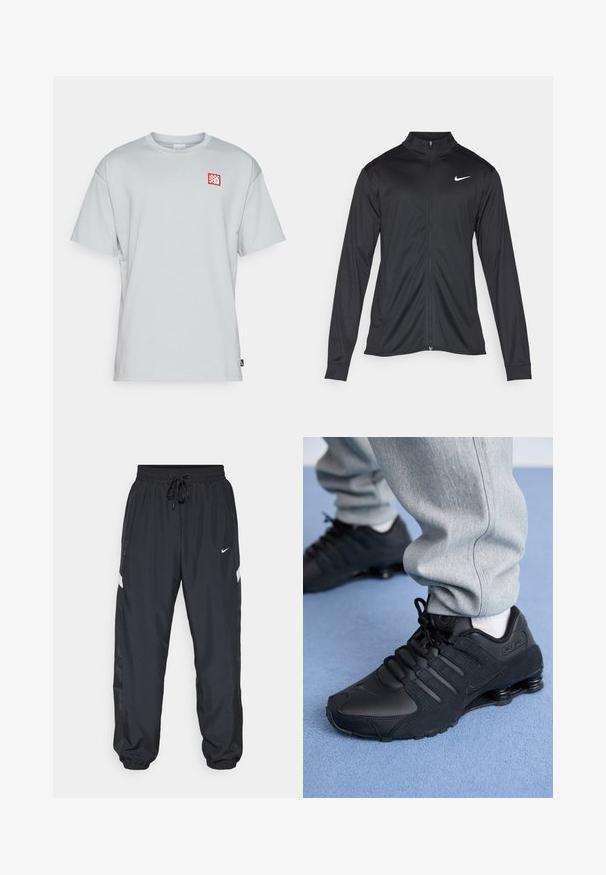 Svart idrettsjakke med lange ermer, krage og full glidelås. Har en subtil Nike-logo i hvitt på øvre venstre bryst. Glatt tekstur.; Nike Performance LIVERPOOL FC NIKE PRM JOCKTAG TEE - Klubbklær - light smoke grey; Svarte treningsbukser med elastisk linning, justerbar snøring, sidelommer, og kontrasterende hvite striper langs sidene.; Person som har på seg svarte Nike Shox-sko og grå joggebukser og står på lyseblått teppe.