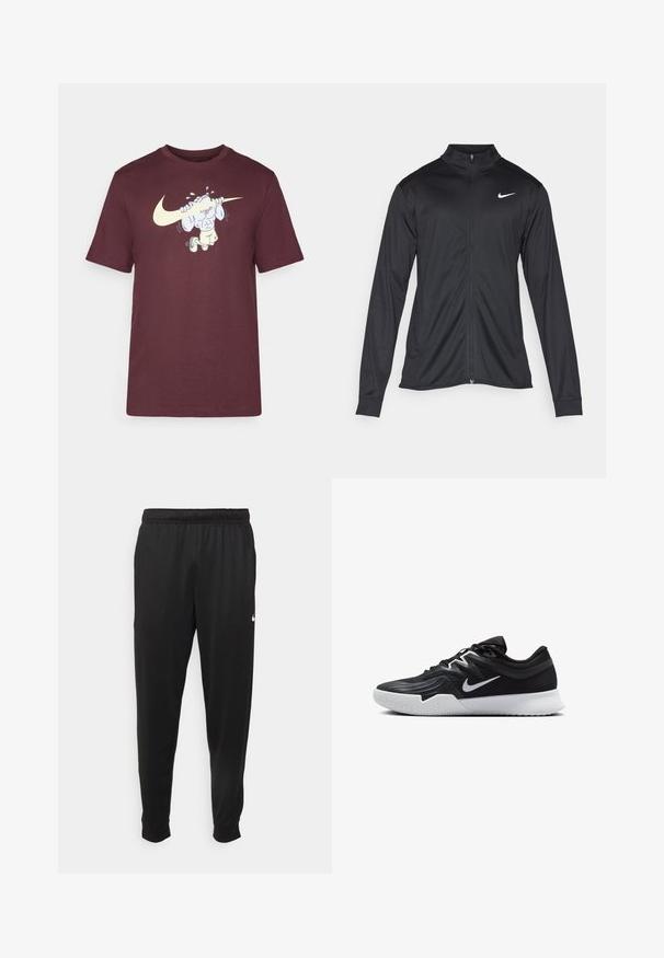 Jachetă sportivă neagră cu mâneci lungi, guler și fermoar complet. Prezintă un logo Nike subtil, alb, pe pieptul din stânga sus. Textură netedă.; Nike Performance TEE SLUB - Bluză sport - burgundy crush; Pantaloni sportivi negri dintr-o țesătură netedă, cu un elastic la brâu, picioare conice și un mic logo alb pe partea stângă.; Pantof sport negru cu un superior texturat, swoosh alb Nike și o tălpică din cauciuc alb. Dispune de un design cu șireturi și o formă dinamică.