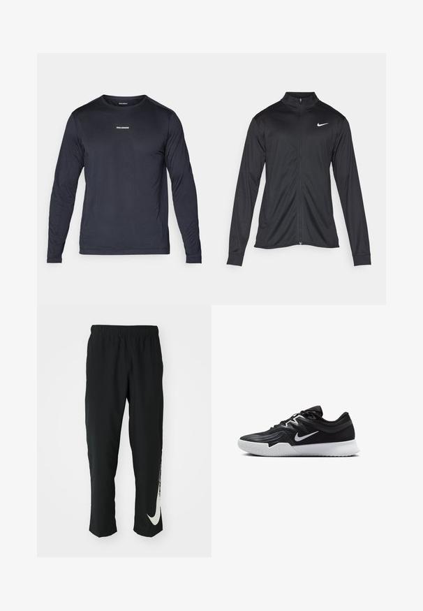 Must värvi sportlik jakk pikkade varrukatega, krae ja täispikk tõmblukk. Ülemises vasakus rinnas on diskreetne valge Nike logo. Sile tekstuur.; Pikad varrukad, tumesinine spordipaita, mis on valmistatud kergest, hingavast kangast, millel on tekstuuriga viimistlus ja väike valge logo rinnal.; Mustad mustad sportlikud püksid elastse vöökohtadega, kitseneva disainiga, millel on vasakul jalal suur valge Nike logo. Pehme, kerge kangas.; Must mustad jalanikesad rikaste ülaservaga, valge Nike swoosh'i ja valge kummist välispõhjaga. Omab paeltega sulgemisdetaili ja dünaamilist kuju.
