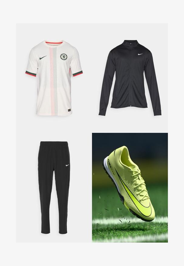 Veste de sport noire à manches longues, avec col et fermeture éclair intégrale. Présente un logo Nike subtil en blanc sur le côté supérieur gauche de la poitrine. Texture lisse.; Maillot de football blanc avec un motif texturé, ornée de rayures vertes et rouges, col rond, manches courtes et logo de Chelsea FC sur la poitrine.; Pantalons de sport noirs en tissu léger, avec une taille élastique et un logo Nike blanc sur la cuisse gauche.; Crampons de football Nike Air Zoom jaunes vifs soulevant de l'herbe sur un terrain vert avec des lignes blanches pendant le jeu.