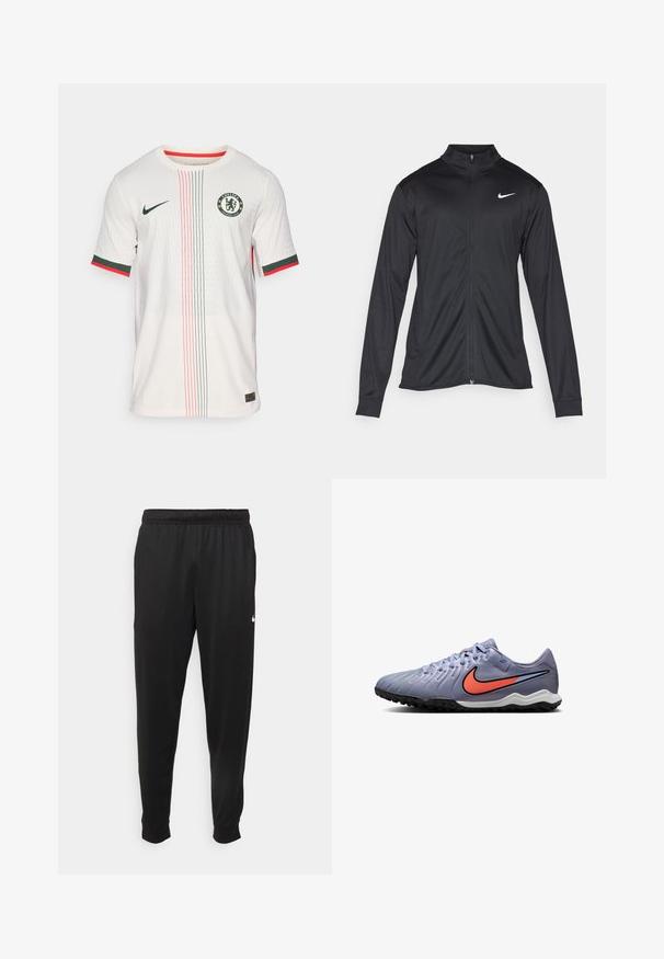 Giacca sportiva nera con maniche lunghe, colletto e zip completa. Presenta un logo Nike in bianco sulla parte superiore del lato sinistro del petto. Tessuto morbido.; Maglia da calcio bianca con un pattern testurizzato, caratterizzata da strisce verdi e rosse, collo rotondo, maniche corte e logo del Chelsea FC sul petto.; Pantaloni sportivi neri realizzati in tessuto liscio, con una vita elastica, gambe affusolate e un piccolo logo bianco sul lato sinistro.; Scarpini da calcio lilla con tomaia testurizzata, suola nera, swoosh Nike arancione e dettagli grigi. Presentano un design con lacci per una calzata sicura.
