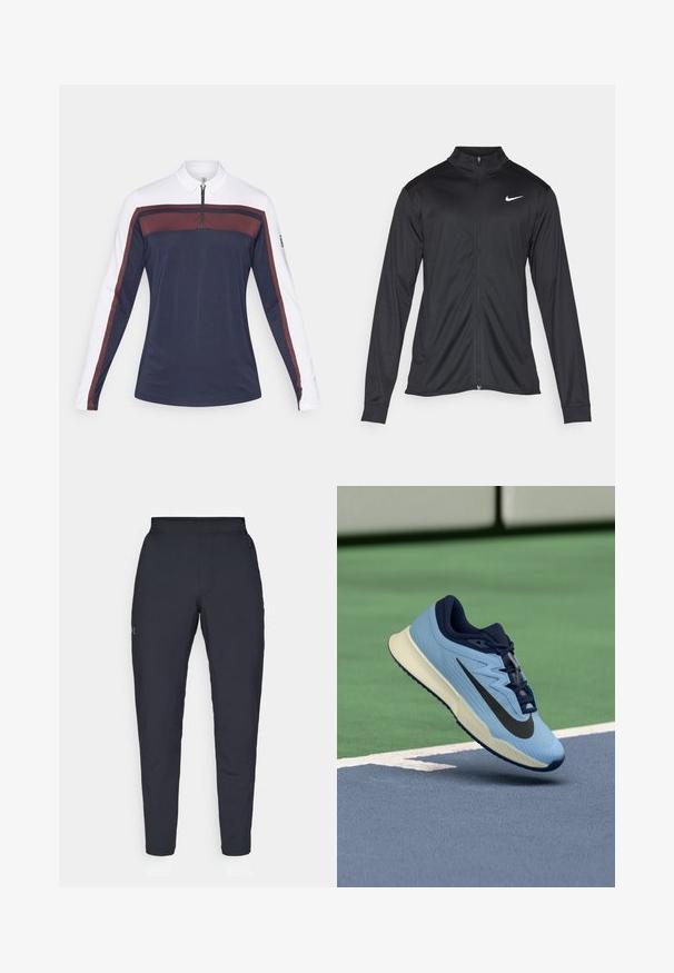 Svart idrettsjakke med lange ermer, krage og full glidelås. Har en subtil Nike-logo i hvitt på øvre venstre bryst. Glatt tekstur.; Langermet polo skjorte i marineblå med hvite ermer, med krage som kan lukkes med glidelås og bordeaux aksentstriper langs brystet og ermene.; Sorte treningbukser med glatt tekstur, smal passform, elastisk midjebånd og sidelommer. Har en liten logo på venstre lår.; Lys blå idrettssko med marineblå detaljer, teksturert mesh-overdel og svart Swoosh-logo. Har en polstret midtsåle og gummisåle.
