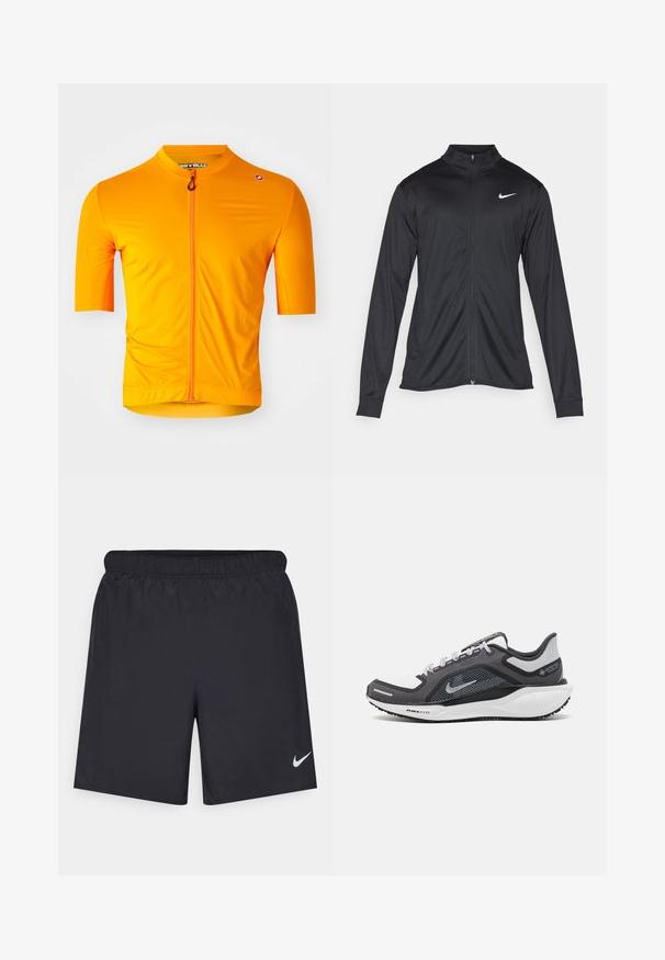 Czarna sportowa kurtka z długimi rękawami, kołnierzem i pełnym zamkiem. Posiada subtelne logo Nike w białym kolorze na lewej górnej części klatki piersiowej. Gładka tekstura.; Koszulka rowerowa z krótkim rękawem w jaskrawym pomarańczowym kolorze, wykonana z lekkiego materiału, z pełnym zamkiem z przodu i dopasowanym krojem. Teksturowana powierzchnia.; Czarne spodenki sportowe wykonane z lekkiego materiału, z elastycznym pasem. Posiadają małe białe logo Nike na dolnej lewej stronie.; Czarne i szare buty sportowe z siateczkową cholewką, odblaskowymi akcentami i białą podeszwą środkową. Posiadają teksturowaną gumową podeszwę i sznurowadła.