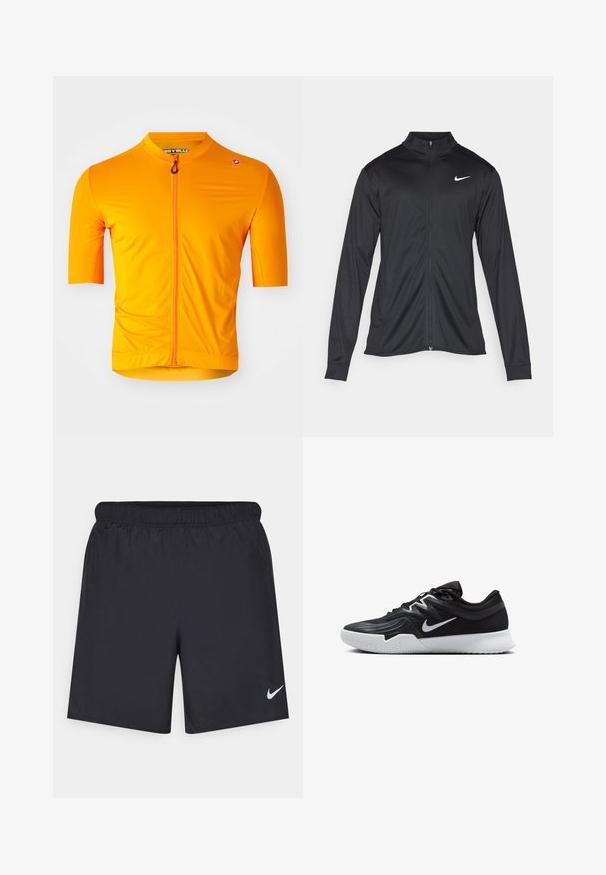 Černá sportovní bunda s dlouhými rukávy, límcem a plným zipem. Má decentní bílou logo značky Nike na horní levé části hrudi. Hladká textura.; Dámský cyklistický dres s krátkým rukávem v jasně oranžové barvě, vyrobený z lehkého materiálu s plným předním zipem a přiléhavým střihem. Texturovaný povrch.; Černé sportovní šortky vyrobené z lehkého materiálu s elastickým pasem. Na spodní levé straně mají malé bílé logo Nike.; Černá atletická bota s texturovaným svrškem, bílým logem Nike a bílou gumovou podrážkou. Disponuje šněrovacím designem a dynamickým tvarem.