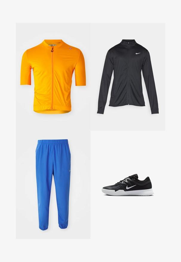 Must värvi sportlik jakk pikkade varrukatega, krae ja täispikk tõmblukk. Ülemises vasakus rinnas on diskreetne valge Nike logo. Sile tekstuur.; Lühikeste varrukatega jalgrattasärk säravas oranžis, valmistatud kergest kangast, täieliku esipaneeli ziperiga ja sobiva disainiga. Tekstuuriga pinnadetail.; Sinised spordipüksid elastse vöökoha, sirge jala disaini ja kitsenevate sääremukudega. Vasakul küljel on kuldne Nike logo.; Must mustad jalanikesad rikaste ülaservaga, valge Nike swoosh'i ja valge kummist välispõhjaga. Omab paeltega sulgemisdetaili ja dünaamilist kuju.