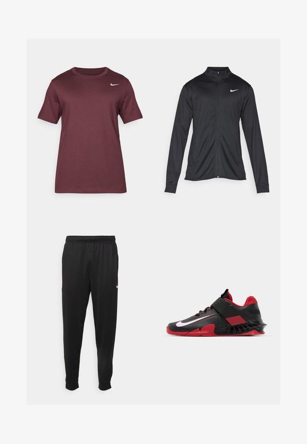 Fekete sportdzseki hosszú ujjal, gallérral és teljes cipzárral. Diszkrét fehér Nike logóval az upper bal mellen. Sima textúra.; Nike Performance TEE CREW SOLID - Sportfelső - burgundy crush; Fekete sportos nadrág sima anyagból, rugalmas derékkal, szűkülő lábakkal és egy kis fehér logóval a bal oldalon.; Fekete és piros sportcipők, amelyek karcsú dizájnnal, texturált hálós felső résszel, strapabíró gumitalppal és feltűnő fehér logóval rendelkeznek.