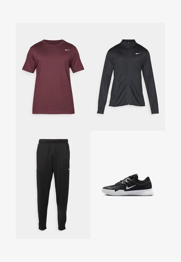 Jacket desportivo preto com mangas longas, colarinho e fecho zip completo. Apresenta um discreto logotipo da Nike em branco na parte superior do lado esquerdo do peito. Textura suave.; Nike Performance TEE CREW SOLID - T-shirt desportiva - burgundy crush; Calças de desporto pretas feitas de tecido suave, com uma cintura elástica, pernas ajustadas e um pequeno logo branco no lado esquerdo.; Sapatilha atlética preta com um cabedal texturizado, swoosh branco da Nike e uma sola de borracha branca. Apresenta um design com atacadores e uma forma dinâmica.