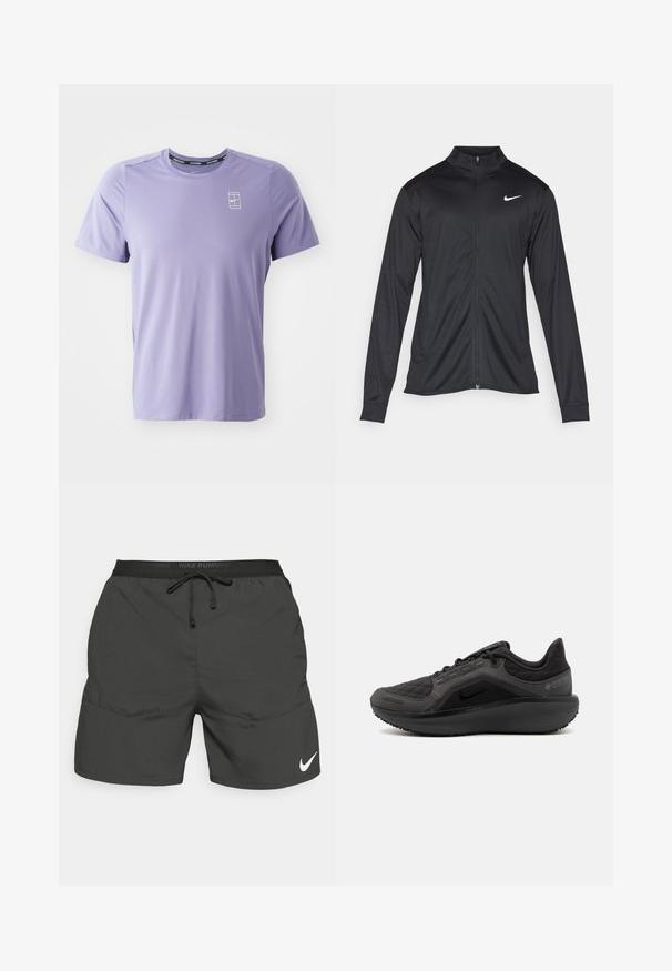 Jachetă sportivă neagră cu mâneci lungi, guler și fermoar complet. Prezintă un logo Nike subtil, alb, pe pieptul din stânga sus. Textură netedă.; Tricou sportiv de culoare violet deschis, fabricat dintr-un material respirabil, cu mâneci scurte. Are un mic logo alb pe piept și un guler rotund.; Pantaloni scurți negri pentru alergare cu un tiv elastic, șnur de ajustare, buzunare laterale și un logo alb Nike pe partea din stânga jos a piciorului.; Pantof de sport negru cu un superior texturat, matlasat, design elegant și talpă din cauciuc negru. Dispune de un logo vizibil și branding Gore-Tex.