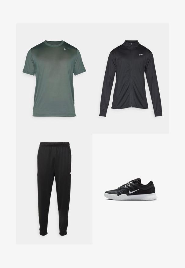 Svart idrettsjakke med lange ermer, krage og full glidelås. Har en subtil Nike-logo i hvitt på øvre venstre bryst. Glatt tekstur.; Nike Performance TEE RESET - T-skjorte til trening - vintage green/matte silver; Svarte treningsbukser laget av glatt stoff, med elastisk midje, smale ben og en liten hvit logo på venstre side.; Svart treningssko med teksturert overdel, hvit Nike-swoosh og hvit gummisåle. Har snøring og en dynamisk form.