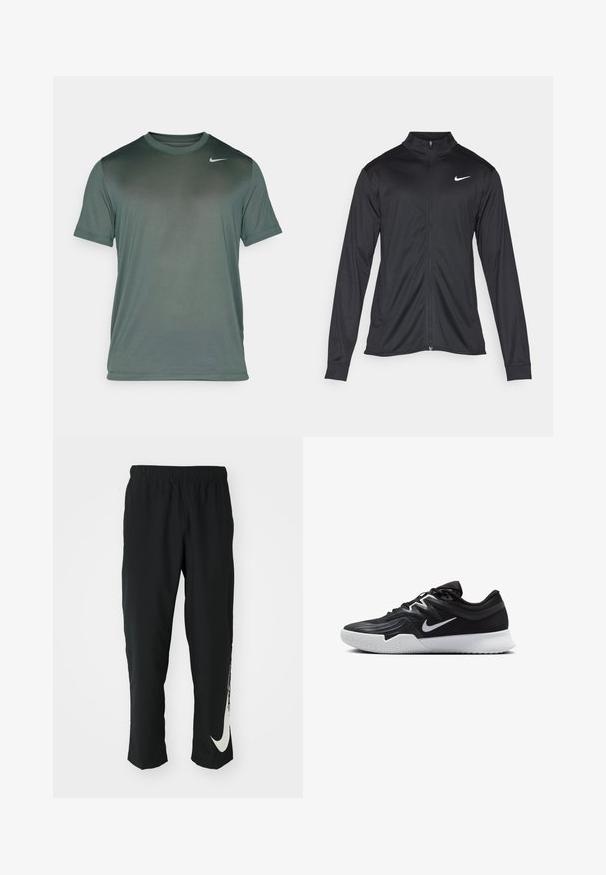 Must värvi sportlik jakk pikkade varrukatega, krae ja täispikk tõmblukk. Ülemises vasakus rinnas on diskreetne valge Nike logo. Sile tekstuur.; Nike Performance TEE RESET - Spordi T-särk - vintage green/matte silver; Mustad mustad sportlikud püksid elastse vöökohtadega, kitseneva disainiga, millel on vasakul jalal suur valge Nike logo. Pehme, kerge kangas.; Must mustad jalanikesad rikaste ülaservaga, valge Nike swoosh'i ja valge kummist välispõhjaga. Omab paeltega sulgemisdetaili ja dünaamilist kuju.