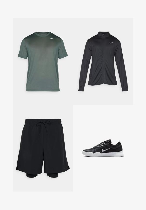 Jachetă sportivă neagră cu mâneci lungi, guler și fermoar complet. Prezintă un logo Nike subtil, alb, pe pieptul din stânga sus. Textură netedă.; Nike Performance TEE RESET - Bluză sport - vintage green/matte silver; Pantaloni scurți sport negri, confecționați dintr-un material ușor, având o talie elastică cu șnur și un interior ajustat.; Pantof sport negru cu un superior texturat, swoosh alb Nike și o tălpică din cauciuc alb. Dispune de un design cu șireturi și o formă dinamică.