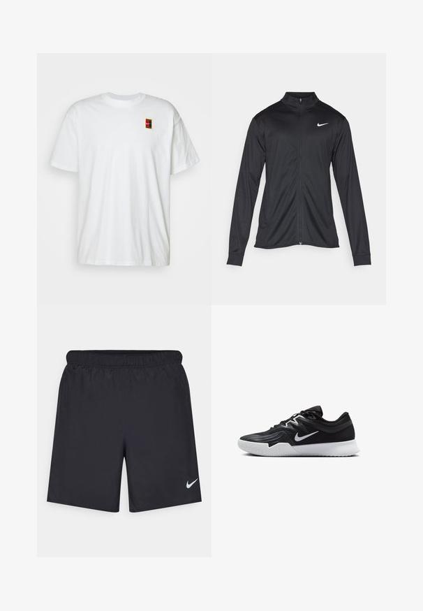 Jachetă sportivă neagră cu mâneci lungi, guler și fermoar complet. Prezintă un logo Nike subtil, alb, pe pieptul din stânga sus. Textură netedă.; Tricou alb din bumbac, cu guler rotund și mâneci scurte. Prezintă un mic logo colorat pe partea stângă, în zona pieptului.; Pantaloni scurți atletici negri, fabricați dintr-un material ușor, cu un talie elastică. Au un mic logo alb Nike în partea stângă jos.; Pantof sport negru cu un superior texturat, swoosh alb Nike și o tălpică din cauciuc alb. Dispune de un design cu șireturi și o formă dinamică.