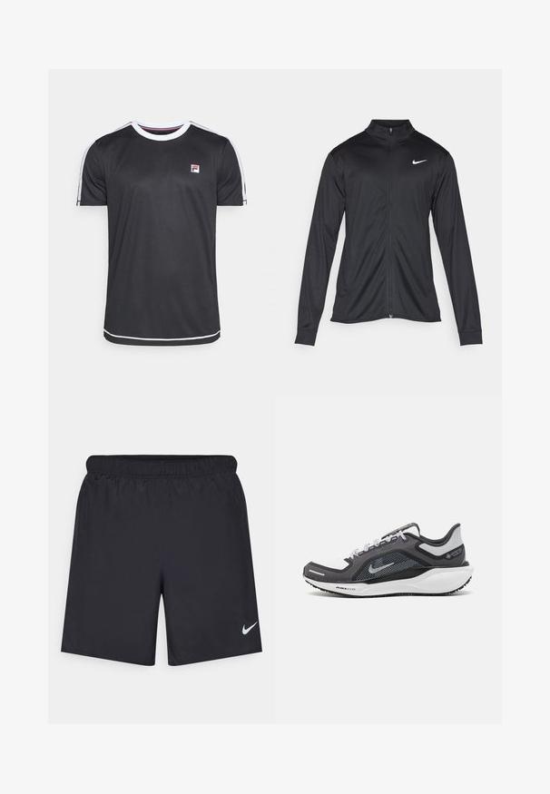 Musta urheilutakki pitkillä hihoilla, kauluksella ja kokonaisella vetoketjulla. Täydentää hienovarainen Nike-logo valkoisena vasemmassa ylärinnassa. Litteä pinta.; Fila ELIAS - Tekninen t-paita - black/white; Mustat urheilushortsit, jotka on valmistettu kevyestä materiaalista ja joissa on joustava vyötärö. Alareunassa vasemmalla puolella on pieni valkoinen Nike-logo.; Musta ja harmaa urheilukenka, jossa on verkkopäällinen, heijastavat yksityiskohdat ja valkoinen välipohja. Varustettu kuvioidulla kumipohjalla ja nauhoilla.