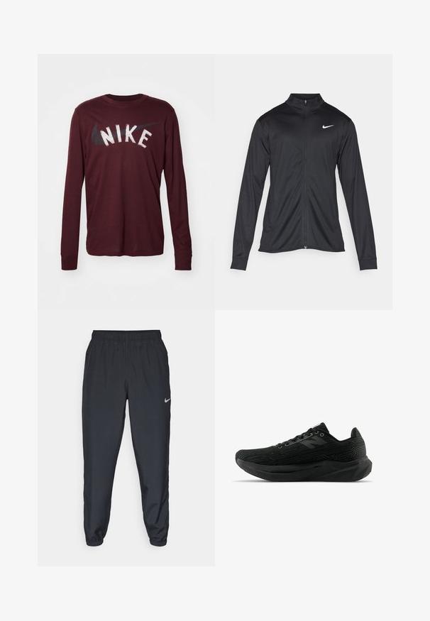 Jacket desportivo preto com mangas longas, colarinho e fecho zip completo. Apresenta um discreto logotipo da Nike em branco na parte superior do lado esquerdo do peito. Textura suave.; Nike Performance TEE - Camisola de manga comprida - burgundy crush; Calças de treino pretas feitas de um tecido leve, com um cós elástico, punhos nos tornozelos e um discreto logótipo da Nike no lado esquerdo.; Sapatilha atlética preta com parte superior texturizada, apresentando um design elegante, fecho com atacadores e uma sola mais espessa com padrão para melhorar a aderência.