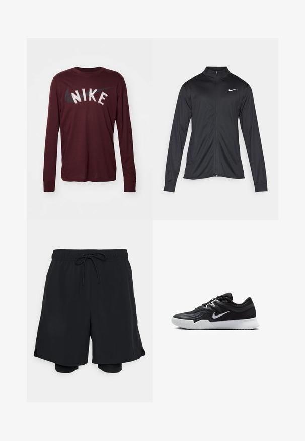 Μαύρο αθλητικό μπουφάν με μακριά μανίκια, γιακά και πλήρη φερμουάρ. Διαθέτει ένα διακριτικό λευκό λογότυπο της Nike στη πάνω αριστερή πλευρά του στήθους. Λείος υφασμάτινος χαρακτήρας.; Nike Performance TEE - Μπλούζα με μακριά μανίκια - burgundy crush; Μαύρο αθλητικό σορτσάκι κατασκευασμένο από ελαφρύ ύφασμα, με ελαστική μέση και κορδόνι, καθώς και εφαρμοστή εσωτερική σορτς.; Μαύρο αθλητικό παπούτσι με υφή στο επάνω μέρος, λευκό σήμα Nike και λευκή καουτσούκ σόλα. Διαθέτει σχέδιο με κορδόνια και δυναμικό σχήμα.