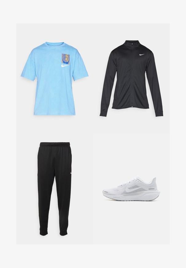 Must värvi sportlik jakk pikkade varrukatega, krae ja täispikk tõmblukk. Ülemises vasakus rinnas on diskreetne valge Nike logo. Sile tekstuur.; Heledad siniste t-särk helesinises kotyynist, millel on lühikesed varrukad, ja millel on ees väike mitme värviga graafiline kujundus ning valge Nike'i logo.; Mustad mustekad athletic-püksid sujuvast kangast, elastse vöökoha, kitsenevate jalgade ja väikese valge logoga vasakul küljel.; Valge sportlik king, millel on võrgust pealne osa, sujuva tekstuuriga kattekiht, hallid aktsendid, sidemed ja pehmendatud tald, mis on mõeldud sooritusvõime jaoks.
