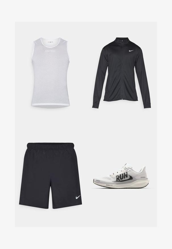 Jacket desportivo preto com mangas longas, colarinho e fecho zip completo. Apresenta um discreto logotipo da Nike em branco na parte superior do lado esquerdo do peito. Textura suave.; Camisola de malha branca com decote redondo, design sem mangas e discreto detalhe de logotipo ao centro. Tecido leve e respirável.; Calças de desporto pretas feitas de material leve com uma cintura elástica. Apresenta um pequeno logótipo branco da Nike no canto inferior esquerdo.; Sapatilha de corrida branca com parte superior em malha, grande gráfico preto "RUN", detalhes em cinza claro e sola acolchoada com a marcação "AIR 200M".