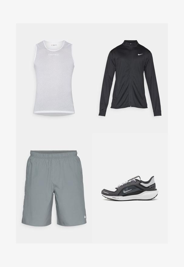 Svart idrottsjacka med långa ärmar, krage och full dragkedja. Har en diskret Nike-logga i vitt på övre vänstra bröstet. Slät yta.; Vit mesh tanktop med rund halsringning, ärmlös design och diskret logodetalj i mitten. Lätt och luftigt tyg.; Grå sportshorts med elastisk midja, sidofickor och en liten vit logotyp på nedre högra sidan. Slät textur.; Svart och grå atletisk sko med ovandel i mesh, reflexdetaljer och en vit mellansula. Har en strukturerad gummisula och skosnören.