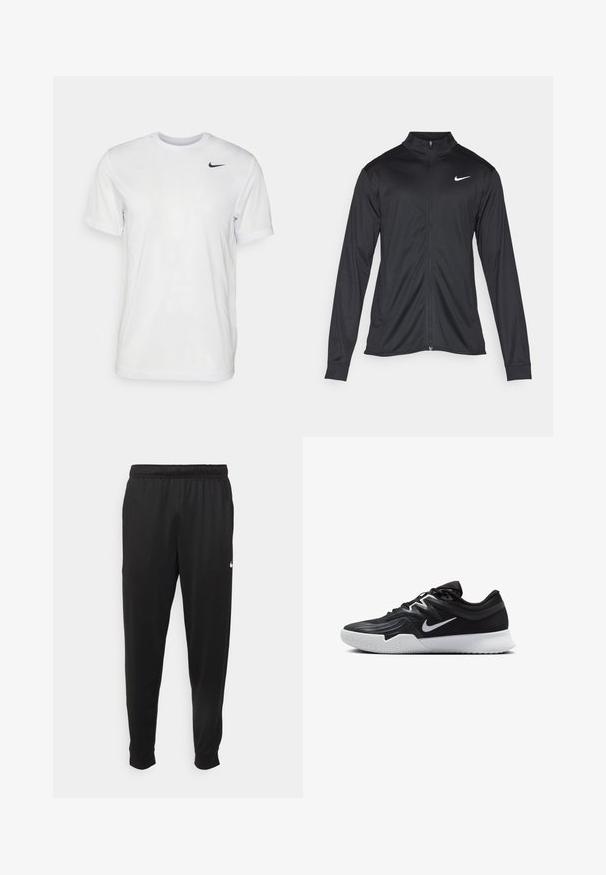 Jachetă sportivă neagră cu mâneci lungi, guler și fermoar complet. Prezintă un logo Nike subtil, alb, pe pieptul din stânga sus. Textură netedă.; Tricou alb cu mâneci scurte, realizat dintr-un material neted. Are guler rotund și un mic logo Nike negru pe partea stângă a pieptului.; Pantaloni sportivi negri dintr-o țesătură netedă, cu un elastic la brâu, picioare conice și un mic logo alb pe partea stângă.; Pantof sport negru cu un superior texturat, swoosh alb Nike și o tălpică din cauciuc alb. Dispune de un design cu șireturi și o formă dinamică.