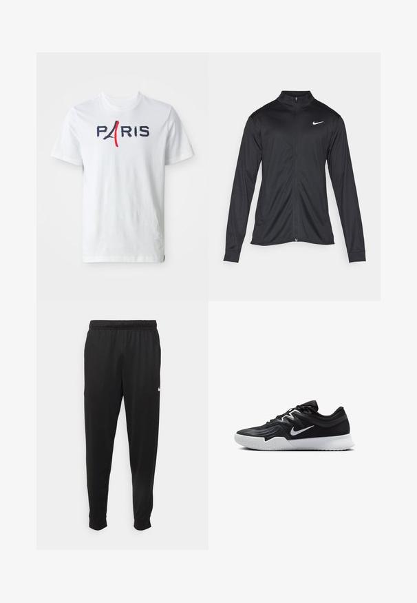 Juodas sportinis švarkas su ilgomis rankovėmis, apykakle ir pilnu užtrauktuku. Yra subtilus baltas Nike logotipas kairėje krūtinės pusėje. Lygus tekstūra.; Baltas medvilnės marškinėliai su apvaliu iškirpimu, su užrašu "PARIŽIUS" tamsiai mėlyna ir raudona spalvomis, įtraukiančiu stilizuotą Eifelio bokštą raidėje 'A'.; Juodi sportiniai kelnės, pagamintos iš lygaus audinio, turinčios elastinę juosmenį, siaurėjantys sijonai ir mažas baltas logotipas kairėje pusėje.; Juodos sportinės bateliai su tekstūruota viršutine dalimi, balta Nike swoosh ir balta gumine išorine dalimi. Yra su raištelių užsegimo dizainu ir dinamine forma.
