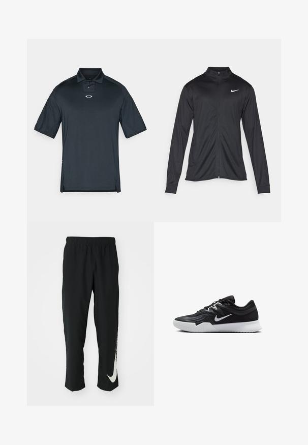 Zwarte sportjack met lange mouwen, kraag en volle rits. Voorzien van een subtiele Nike-logo in het wit op de bovenste linkerborst. Soepele textuur.; Zwart polo shirt gemaakt van een gladde, ademende stof. Beschikt over een korte kraag, een knopenlijst met drie knopen en een klein logo op de borst.; Zwarte sportbroeken met elastische tailleband, taps toelopend ontwerp, met een groot wit Nike-logo op het linkerbeen. Zachte, lichte stof.; Zwarte sportieve schoen met een gestructureerde bovenkant, witte Nike swoosh en een witte rubberen zool. Beschikt over een veterontwerp en een dynamische vorm.
