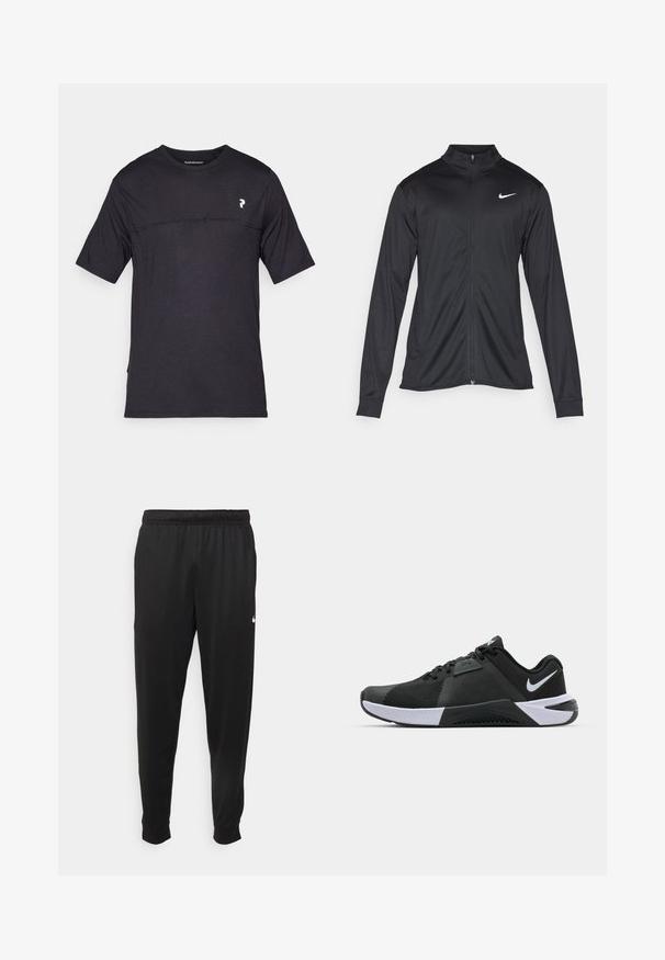 Svart idrottsjacka med långa ärmar, krage och full dragkedja. Har en diskret Nike-logga i vitt på övre vänstra bröstet. Slät yta.; Peak Performance TRAIL - T-shirt med print - black; Svarta träningsbyxor i slät tyg, med elastisk midja, avsmalnande ben och en liten vit logotyp på vänster sida.; Nike Performance METCON 10 - Träningsskor - black/white/anthracite