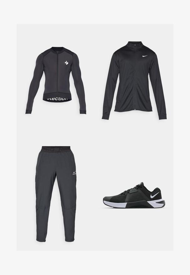 Melna sporta jaka ar garām piedurknēm, apkakli un pilnu rāvējslēdzēju. Uz kreisā krūts augšdaļas ir maigs Nike logo baltā krāsā. Gluda tekstūra.; Ilgiem piedurkņu velo krekls, melns, ar priekšējo rāvējslēdzēju, apaļu kakla izgriezumu, logo uz krūšu un sietu apakšmalā.; Nike Pro bikses tumši pelēkā krāsā, ar melnu elastīgu jostu, uz kuras ir teksts "PRD" un "NIKE PRO", gluda auduma, sašaurinātas formas un smalkiem izšuvumu elementiem.; Nike Performance METCON 10 - Treniņkurpes - black/white/anthracite