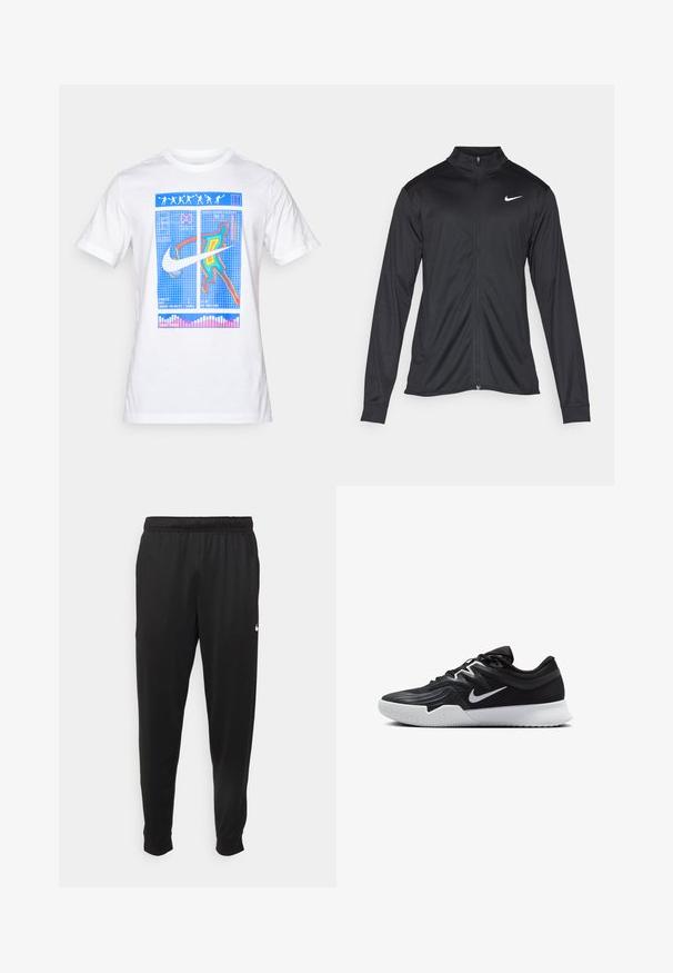 Chaqueta atlética negra con mangas largas, collar y cremallera completa. Presenta un sutil logo de Nike en blanco en la parte superior izquierda del pecho. Textura suave.; Nike Performance COURT TEE - Camiseta deportiva - white; Pantalones deportivos negros de tejido suave, con cintura elástica, perneras ajustadas y un pequeño logotipo blanco en el lado izquierdo.; Zapatilla deportiva negra con parte superior texturizada, logo de Nike en blanco y suela de goma blanca. Tiene un diseño con cordones y una forma dinámica.