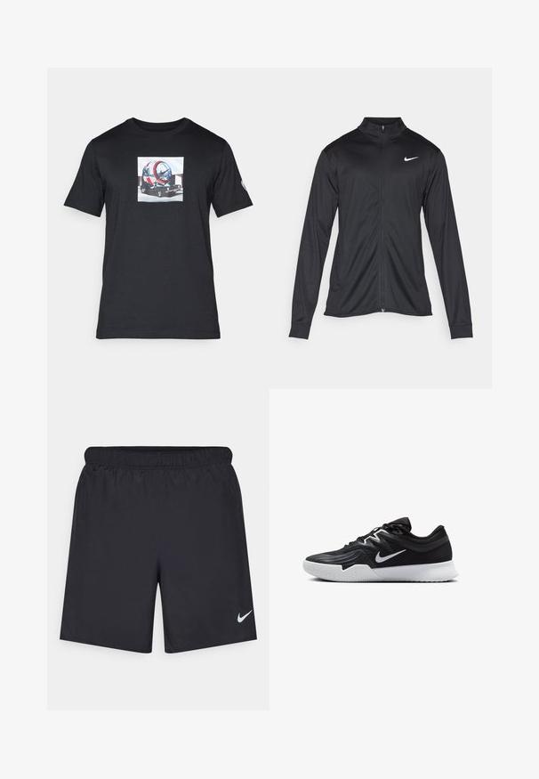 Jachetă sportivă neagră cu mâneci lungi, guler și fermoar complet. Prezintă un logo Nike subtil, alb, pe pieptul din stânga sus. Textură netedă.; Tricou negru din bumbac cu o grafică frontală reprezentând un căști de scufundare colorat pe o mașină. Design cu mâneci scurte și guler rotund.; Pantaloni scurți atletici negri, fabricați dintr-un material ușor, cu un talie elastică. Au un mic logo alb Nike în partea stângă jos.; Pantof sport negru cu un superior texturat, swoosh alb Nike și o tălpică din cauciuc alb. Dispune de un design cu șireturi și o formă dinamică.