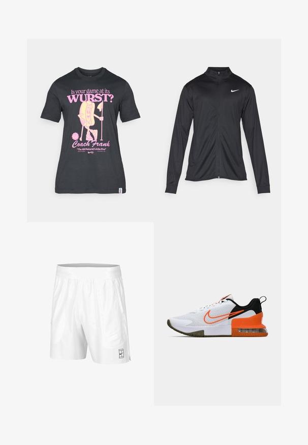 Black athletic jacket with long sleeves, collar, and full zipper. Features a subtle Nike logo in white on the upper left chest. Smooth texture.; Black cotton t-shirt featuring a playful graphic of a hotdog character in pink, with text about golfing and Coach Frank. Short sleeves and crew neck.; White athletic shorts with an elastic waistband, two side pockets, and a small black logo detail on the lower front. Smooth texture.; White athletic shoe with a textured mesh upper, black and orange accents, a thick rubber sole, and a clear air cushion section at the heel.