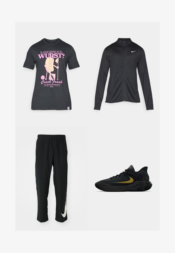 Svart idrottsjacka med långa ärmar, krage och full dragkedja. Har en diskret Nike-logga i vitt på övre vänstra bröstet. Slät yta.; Svart bomulls t-shirt med en lekfull grafik av en korvkaraktär i rosa, med text om golf och Coach Frank. Korta ärmar och rundad halsringning.; Svarta träningsbyxor med elastisk midja, avsmalnande design, med en stor vit Nike-logotyp på vänster ben. Mjuk, lättviktig tyg.; Svart och mörkgrå sportskor med svarta snören och gul swoosh-logotyp, utrustad med en vågig sula och vadderad hälkrage.