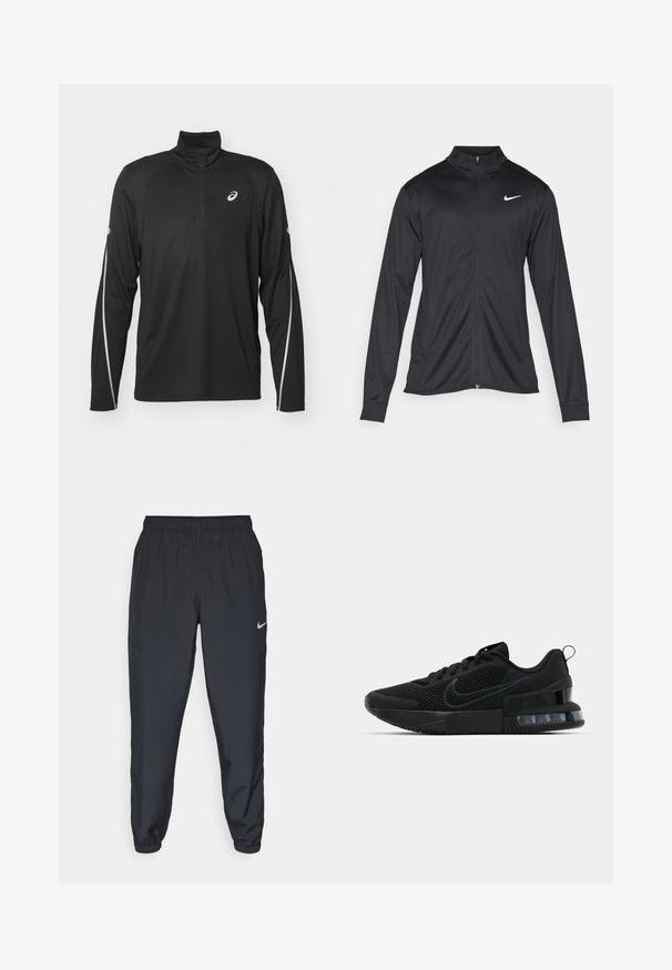 Svart idrottsjacka med långa ärmar, krage och full dragkedja. Har en diskret Nike-logga i vitt på övre vänstra bröstet. Slät yta.; Svart långärmad träningströja med halvdragkedja i kragen, med reflexvita detaljer på ärmarna och en logotyp på bröstet.; Svarta träningbyxor i lätt tyg med elastisk midja, vristmanchetter och en diskret Nike-logotyp på vänster sida.; Svarta Nike-sneakers med ovandel i mesh, texturerad sula och synlig luftenhet i hälen. Accenter och logotyp i en mörkare svart nyans.