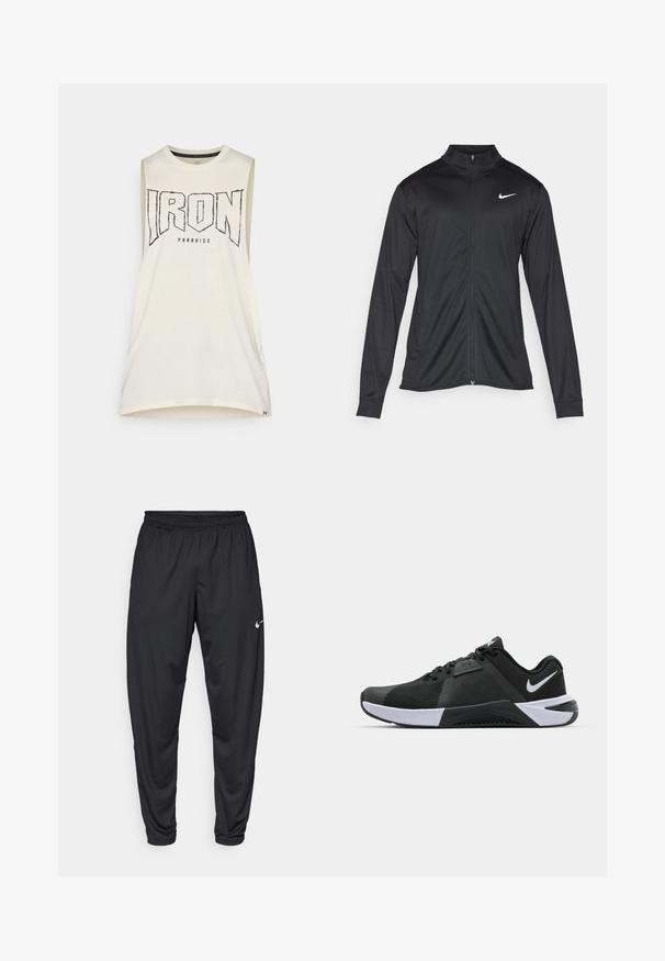 Zwarte sportjack met lange mouwen, kraag en volle rits. Voorzien van een subtiele Nike-logo in het wit op de bovenste linkerborst. Soepele textuur.; Mouwloze, crème tanktop met "IRON" in opvallende zwarte letters. Gemaakt van zachte katoen, met een ronde halslijn en een relaxte pasvorm.; Zwarte sportbroeken met een elastische tailleband, taps toelopende pijpen en een klein wit Nike-logo op de linker bovenbeen. Glad stof, zonder patronen.; Nike Performance METCON 10 - Trainingsschoen - black/white/anthracite