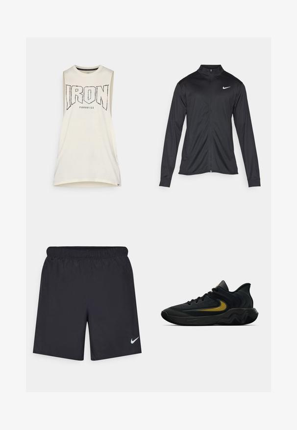 Giacca sportiva nera con maniche lunghe, colletto e zip completa. Presenta un logo Nike in bianco sulla parte superiore del lato sinistro del petto. Tessuto morbido.; Top senza maniche di colore crema con la scritta "IRON" in evidenti lettere nere. Realizzato in morbido cotone, presenta un collo rotondo e una vestibilità comoda.; Shorts sportivi neri realizzati in materiale leggero con vita elastica. Presentano un piccolo logo Nike bianco sul lato sinistro in basso.; Scarpa da ginnastica nera e grigia scura con lacci neri e logo swoosh dorato, caratterizzata da un design della suola ondulato e un colletto del tallone imbottito.