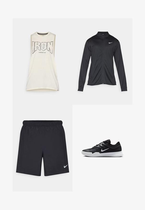 Jachetă sportivă neagră cu mâneci lungi, guler și fermoar complet. Prezintă un logo Nike subtil, alb, pe pieptul din stânga sus. Textură netedă.; Top fără mâneci, de culoare crem, cu textul "IRON" scris în litere mari, negre. Fabricat din bumbac moale, având un decolteu rotund și o croială lejeră.; Pantaloni scurți atletici negri, fabricați dintr-un material ușor, cu un talie elastică. Au un mic logo alb Nike în partea stângă jos.; Pantof sport negru cu un superior texturat, swoosh alb Nike și o tălpică din cauciuc alb. Dispune de un design cu șireturi și o formă dinamică.