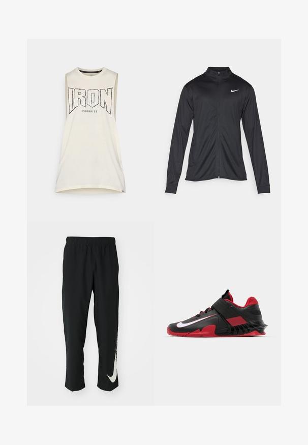 Čierna športová bunda s dlhými rukávmi, golierom a plným zipsom. Obsahuje nenápadné logo Nike v bielej farbe na hornej ľavej hrudi. Hladká textúra.; Bezramenný, krémový top s nápisom "IRON" v výraznom čiernom písmene. Vyrobený z mäkkej bavlny, s okrúhlym výstrihom a voľným strihom.; Čierne športové nohavice s elastickým pásom, zúžený strih, s veľkým bielym logom Nike na ľavom stehne. Mäkká, ľahká tkanina.; Čierne a červené športové tenisky s elegantným dizajnom, textúrovaným sieťovým zvrškom, odolnou gumovou podrážkou a výrazným bielym logom.