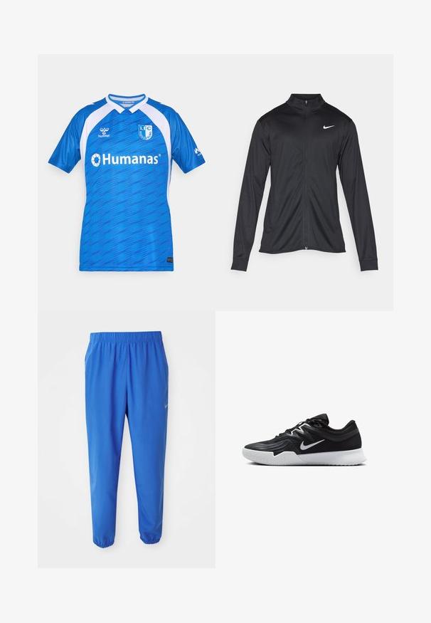 Čierna športová bunda s dlhými rukávmi, golierom a plným zipsom. Obsahuje nenápadné logo Nike v bielej farbe na hornej ľavej hrudi. Hladká textúra.; Modrá a biela futbalová dres 1. FC Magdeburg so sponsorskými logami, značkou hummel a štruktúrovaným vzorom látky.; Modré športové nohavice s elastickým pásom, priame nohy s užšími manžetami. Na ľavej strane je zlaté logo Nike.; Čierna športová topánka s textúrovaným zvrškom, bielym logom Nike a bielou gumovou podrážkou. Má šnurovací dizajn a dynamický tvar.