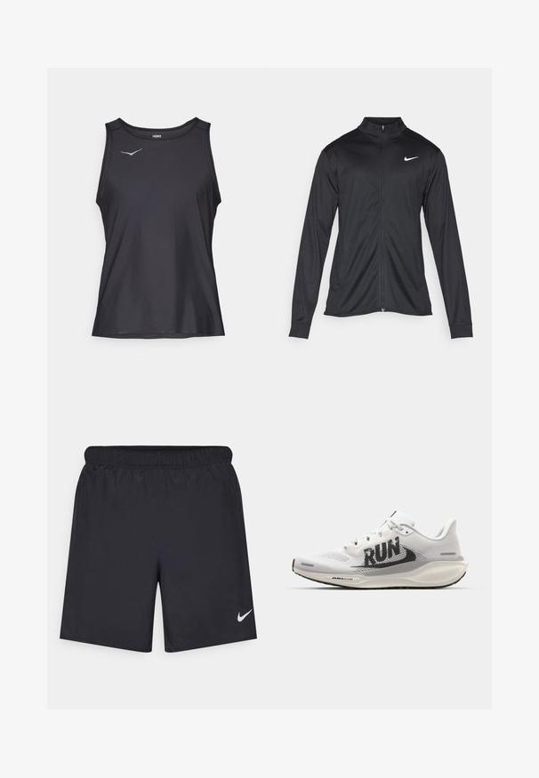 Μαύρο αθλητικό μπουφάν με μακριά μανίκια, γιακά και πλήρη φερμουάρ. Διαθέτει ένα διακριτικό λευκό λογότυπο της Nike στη πάνω αριστερή πλευρά του στήθους. Λείος υφασμάτινος χαρακτήρας.; Μαύρο αμάνικο αθλητικό μπλουζάκι με στρογγυλή λαιμόκοψη και μικρό απαλό μπλε λογότυπο στο επάνω αριστερό μέρος του στήθους.; Μαύρες αθλητικές βερμούδες από ελαφρύ υλικό με ελαστική μέση. Διαθέτουν ένα μικρό λευκό λογότυπο Nike στην κάτω αριστερή πλευρά.; Λευκό αθλητικό παπούτσι με διχτυωτό επάνω μέρος, μεγάλο μαύρο γραφικό "RUN", ανοιχτού γκρι λεπτομέρειες και μαλακή σόλα με την επωνυμία "AIR 200M".