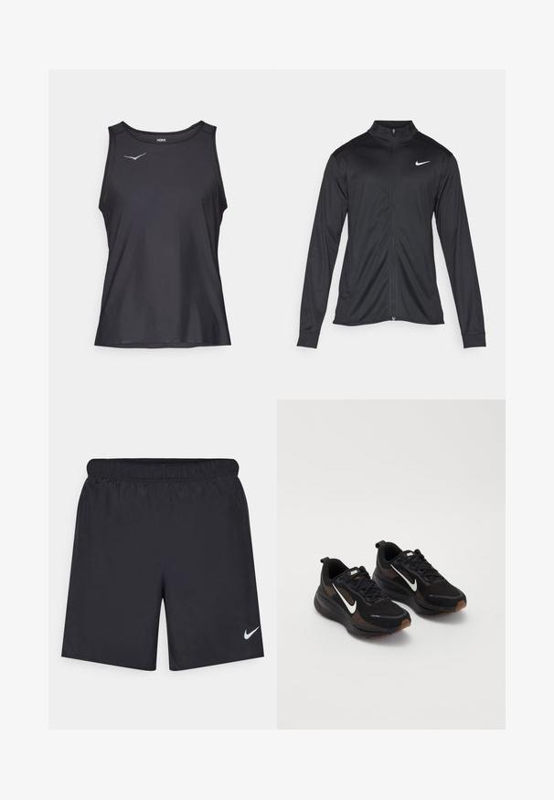 Svart idrettsjakke med lange ermer, krage og full glidelås. Har en subtil Nike-logo i hvitt på øvre venstre bryst. Glatt tekstur.; Svart ermeløs treningstopp med rund hals og liten lys blå logo på øvre venstre bryst.; Svart sportskjørt laget av lett materiale med elastisk linning. Har en liten hvit Nike-logo nederst til venstre.; Sorte treningssko med puste mesh-overdel, hvit Nike swoosh, teksturert såle og kontrastfargede brune detaljer. Inkluderer forsterket hæl.