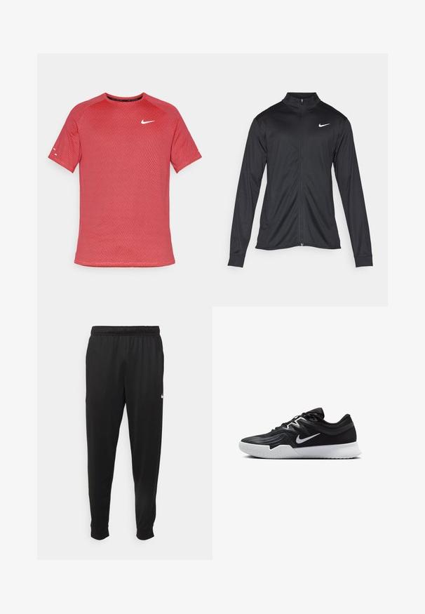 Chaqueta atlética negra con mangas largas, collar y cremallera completa. Presenta un sutil logo de Nike en blanco en la parte superior izquierda del pecho. Textura suave.; Camiseta atlética roja con un patrón texturizado, mangas cortas, cuello redondo y un logo blanco de Nike en el pecho.; Pantalones deportivos negros de tejido suave, con cintura elástica, perneras ajustadas y un pequeño logotipo blanco en el lado izquierdo.; Zapatilla deportiva negra con parte superior texturizada, logo de Nike en blanco y suela de goma blanca. Tiene un diseño con cordones y una forma dinámica.