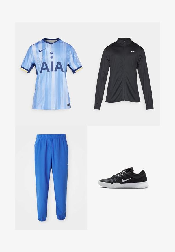 Crna sportska jakna s dugim rukavima, ovratnikom i punim patentnim zatvaračem. Ima suptilan Nike logo u bijeloj boji na gornjem lijevom dijelu prsne oznake. Glatka tekstura.; Svijetloplavi nogometni dres od glatkog materijala, s vertikalnim prugama, tamnoplavim ovratnikom i natpisom "AIA" u podebljanim tamnoplavim slovima.; Plave atletske hlače s elastičnim pojasom, ravnim dizajnom nogavica i sužavajućim porubima. Sadrži Nike logo u zlatnoj boji na lijevoj strani.; Crna sportska cipela s teksturiranim gornjim dijelom, bijelim Nike swooshom i bijelim gumennim potplatom. Ima dizajn s vezanjem i dinamičan oblik.