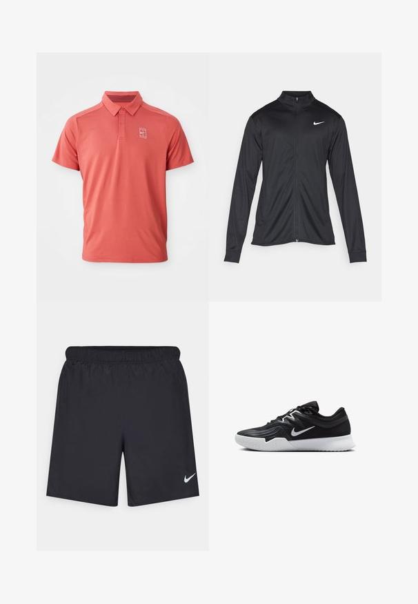 Čierna športová bunda s dlhými rukávmi, golierom a plným zipsom. Obsahuje nenápadné logo Nike v bielej farbe na hornej ľavej hrudi. Hladká textúra.; Polo tričko s krátkym rukávom v koralovej farbe s golierom, gombíkovou légou a malým bielym logom na hrudi. Vyrobené z priedušnej, textúrovanej tkaniny.; Čierne atletické šortky z ľahkého materiálu s elastickým pásom. Na dolnej ľavej strane majú malé biele logo Nike.; Čierna športová topánka s textúrovaným zvrškom, bielym logom Nike a bielou gumovou podrážkou. Má šnurovací dizajn a dynamický tvar.