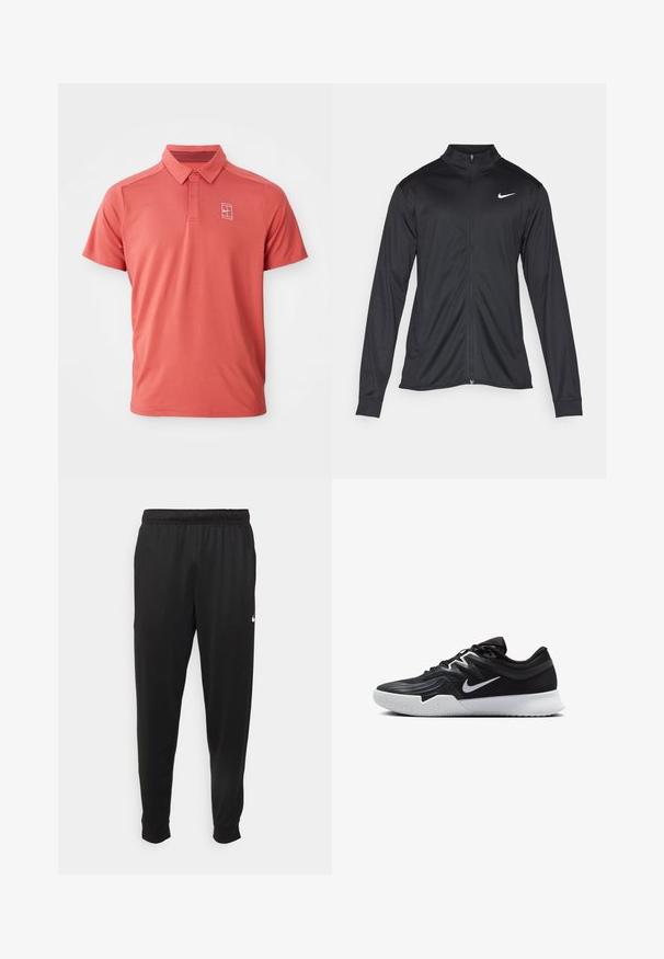 Czarna sportowa kurtka z długimi rękawami, kołnierzem i pełnym zamkiem. Posiada subtelne logo Nike w białym kolorze na lewej górnej części klatki piersiowej. Gładka tekstura.; Koszulka polo z krótkim rękawem w kolorze koralowym, z kołnierzykiem, zapięciem na guziki i małym białym logo na piersi. Wykonana z przewiewnego, teksturowanego materiału.; Czarne sportowe spodnie wykonane z gładkiego materiału, z elastycznym pasem, zwężanymi nogawkami i małym białym logo po lewej stronie.; Czarne buty sportowe z teksturowaną cholewką, białym logo Nike i białą gumową podeszwą. Charakteryzują się sznurowanym zapięciem i dynamicznym kształtem.