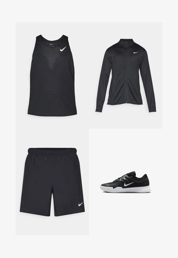 Musta urheilutakki pitkillä hihoilla, kauluksella ja kokonaisella vetoketjulla. Täydentää hienovarainen Nike-logo valkoisena vasemmassa ylärinnassa. Litteä pinta.; Musta urheilullinen tank top, jossa on rei'itetty pinta ja pyöreä kaula-aukko. Rinnassa on valkoinen Nike-logo.; Mustat urheilushortsit, jotka on valmistettu kevyestä materiaalista ja joissa on joustava vyötärö. Alareunassa vasemmalla puolella on pieni valkoinen Nike-logo.; Musta urheilukenkä, jossa on teksturoitu päällinen, valkoinen Nike-tikkaus ja valkoinen kumipohja. Kenkässä on nauhakuji ja dynaaminen muoto.